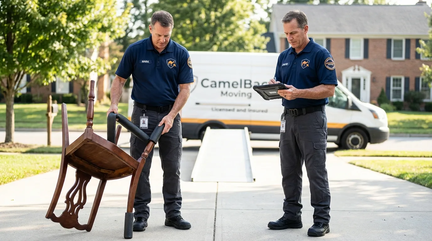 Movers inspecting furniture for damage prevention before loading in Mentor, OH