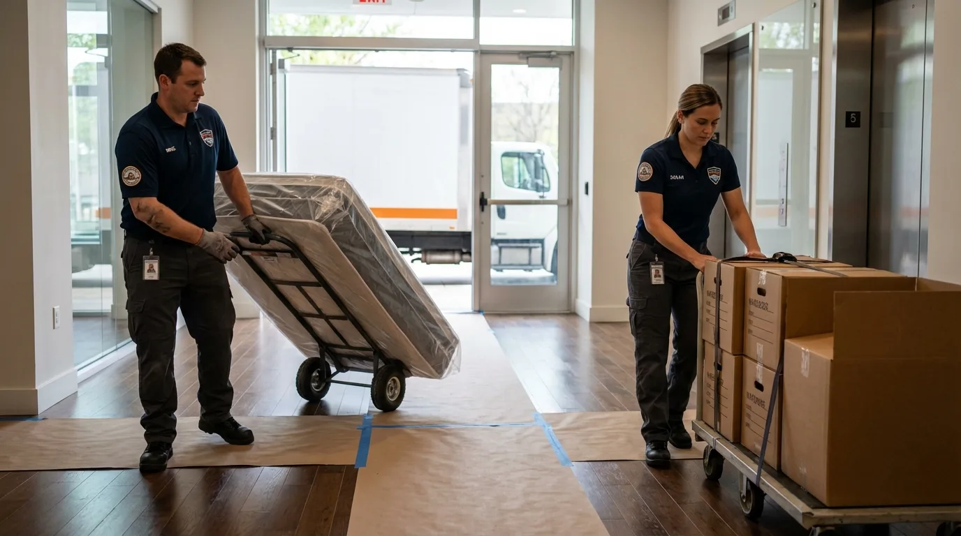 Professional apartment movers loading elevator in Mentor, OH